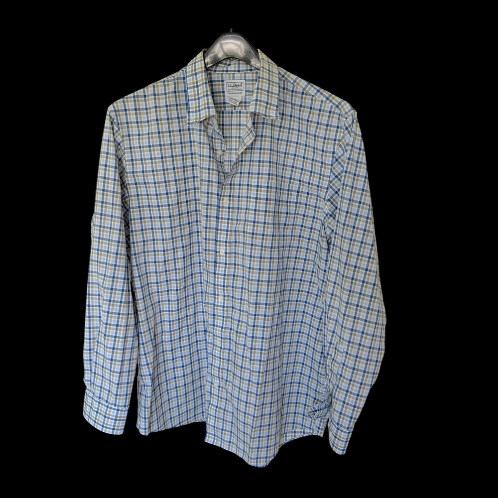 LL Bean Traditional Fit Plaid Button Down Shirt Blue Tan‎ 100% Cotton L-REG